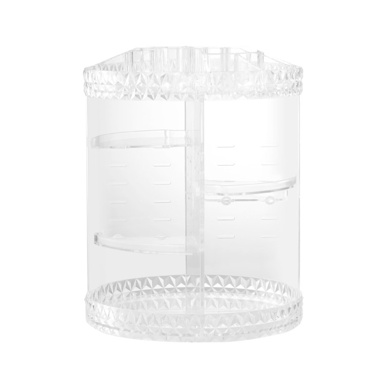 Clear acrylic rotating makeup organiser with shelves