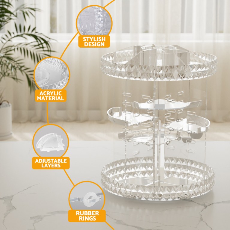 Clear acrylic rotating organiser with adjustable layers