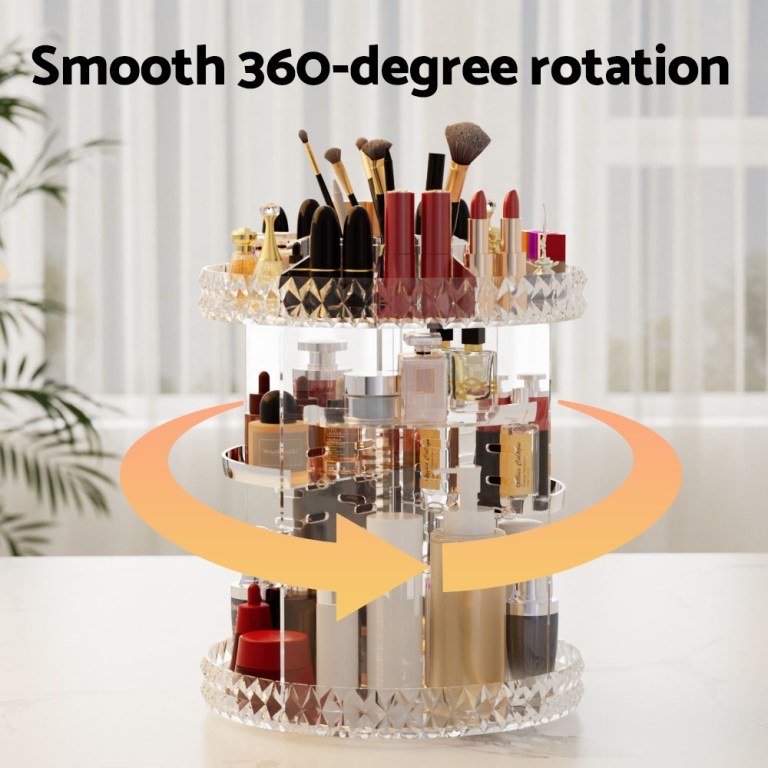 Rotating two-tier makeup organiser with cosmetics