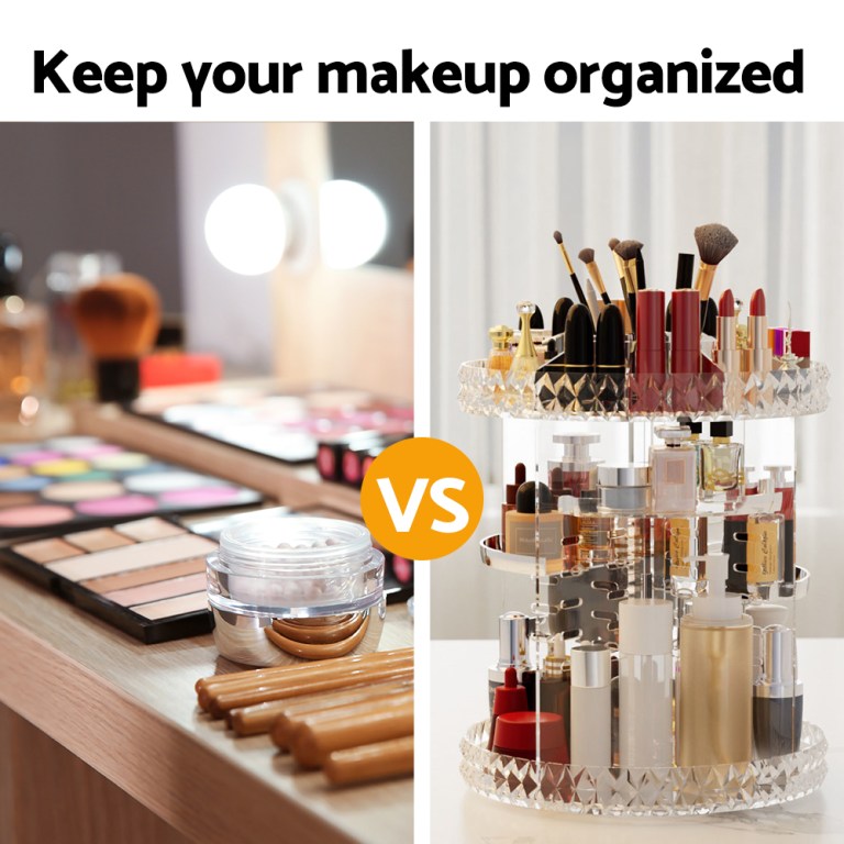 Messy makeup table versus organised cosmetic stand