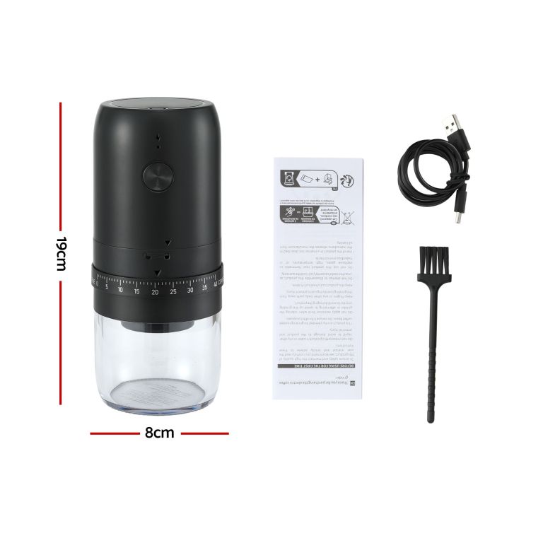 Black electric coffee grinder with accessories