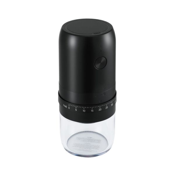 Black electric coffee grinder with adjustable settings dial