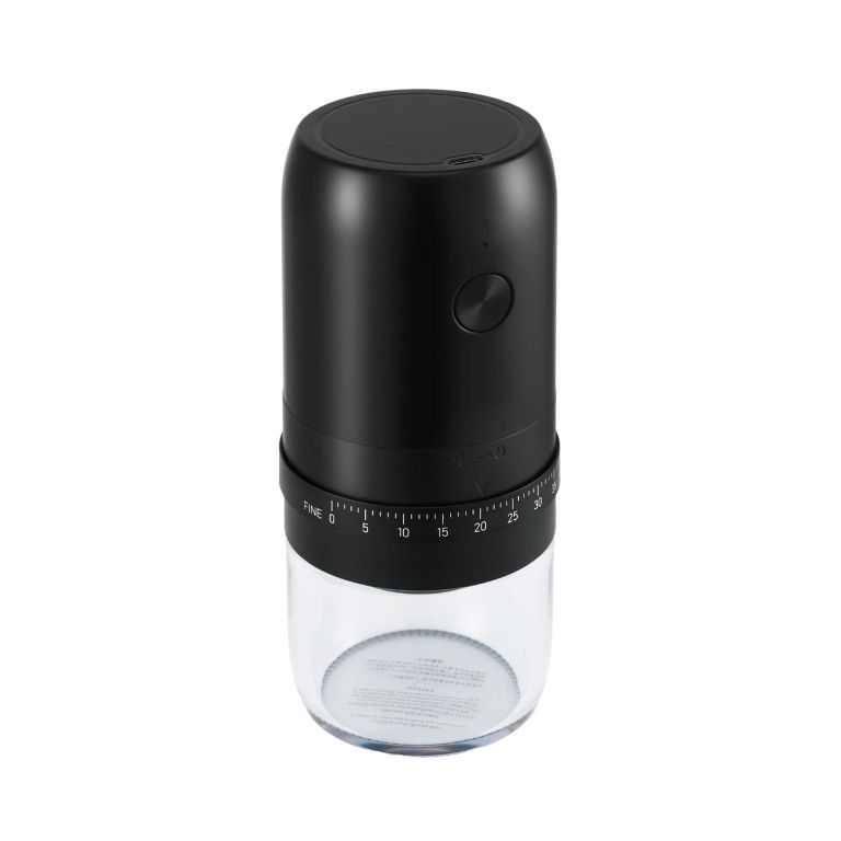 Black electric coffee grinder with adjustable settings dial