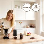 Woman making pour-over coffee in bright kitchen