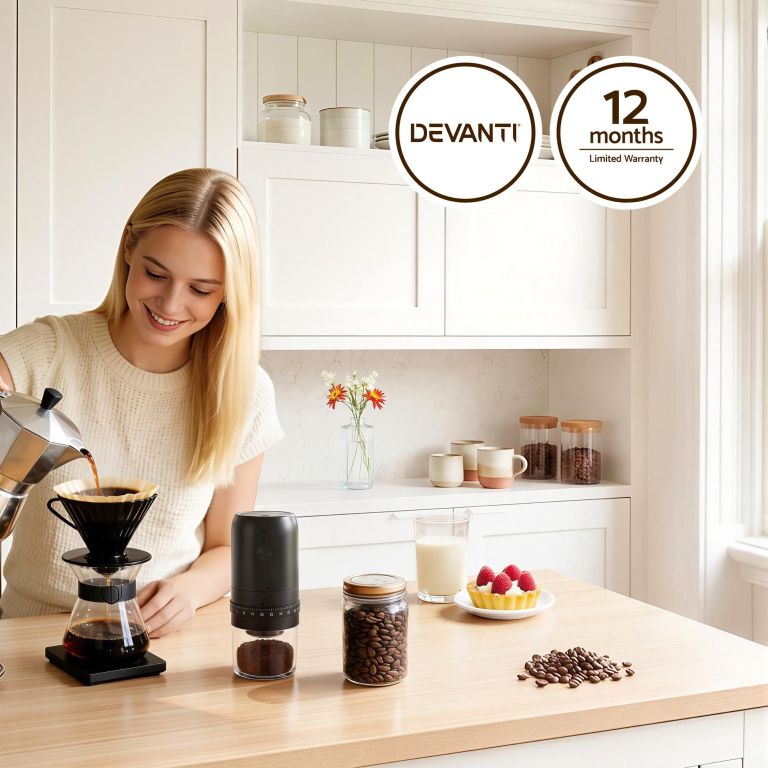 Woman making pour-over coffee in bright kitchen