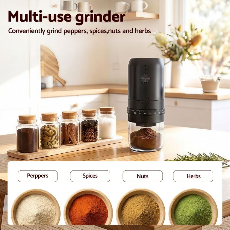 Multi-use grinder with spices on kitchen bench