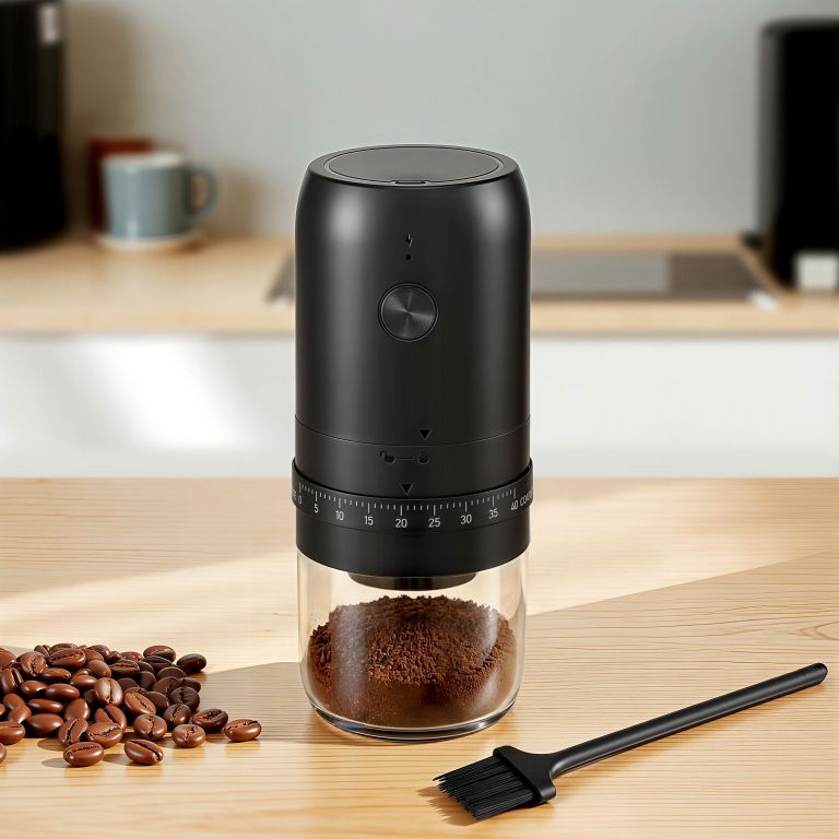 Black electric coffee grinder with ground coffee