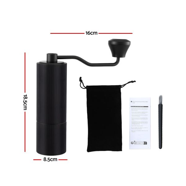 devanti manual coffee grinder with 24 adjustable settings | hand coffee bean burr mill for espresso french press | portable stainless steel quiet grinder with storage bag for travel camping, black Manual coffee grinder with dimensions and accessories