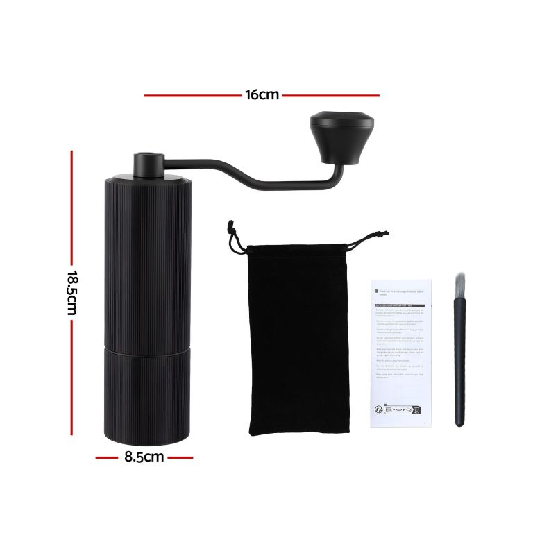 devanti manual coffee grinder with 24 adjustable settings | hand coffee bean burr mill for espresso french press | portable stainless steel quiet grinder with storage bag for travel camping, black Manual coffee grinder with dimensions and accessories