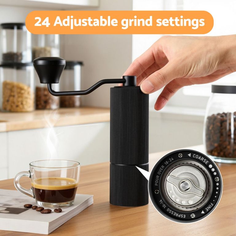 devanti manual coffee grinder with 24 adjustable settings | hand coffee bean burr mill for espresso french press | portable stainless steel quiet grinder with storage bag for travel camping, black Manual coffee grinder with 24 adjustable settings