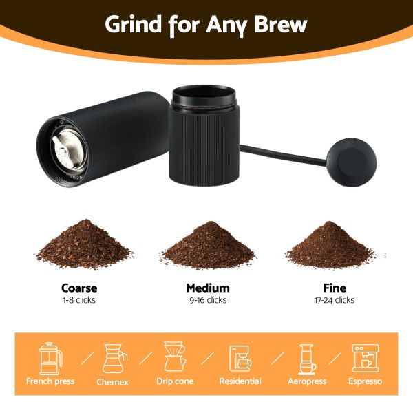 devanti manual coffee grinder with 24 adjustable settings | hand coffee bean burr mill for espresso french press | portable stainless steel quiet grinder with storage bag for travel camping, black Manual coffee grinder with grind size comparison