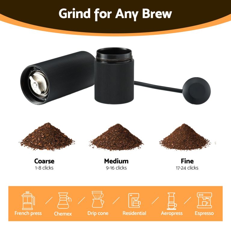devanti manual coffee grinder with 24 adjustable settings | hand coffee bean burr mill for espresso french press | portable stainless steel quiet grinder with storage bag for travel camping, black Manual coffee grinder with grind size comparison