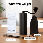 devanti manual coffee grinder with 24 adjustable settings | hand coffee bean burr mill for espresso french press | portable stainless steel quiet grinder with storage bag for travel camping, black Manual coffee grinder with accessories on table