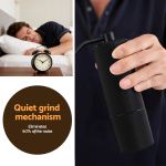 devanti manual coffee grinder with 24 adjustable settings | hand coffee bean burr mill for espresso french press | portable stainless steel quiet grinder with storage bag for travel camping, black Sleeping man beside alarm clock and coffee grinder