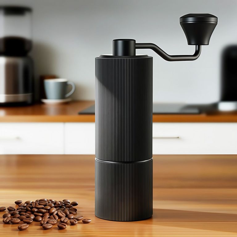 devanti manual coffee grinder with 24 adjustable settings | hand coffee bean burr mill for espresso french press | portable stainless steel quiet grinder with storage bag for travel camping, black Black manual coffee grinder with beans on bench