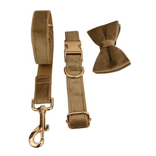 Tan velvet dog leash, collar and bow tie