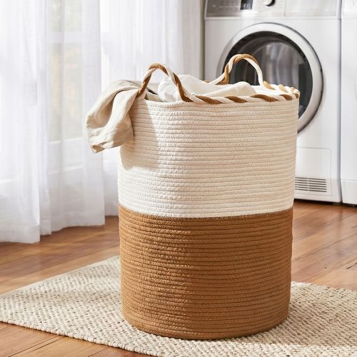 Woven rope laundry basket beside washing machine