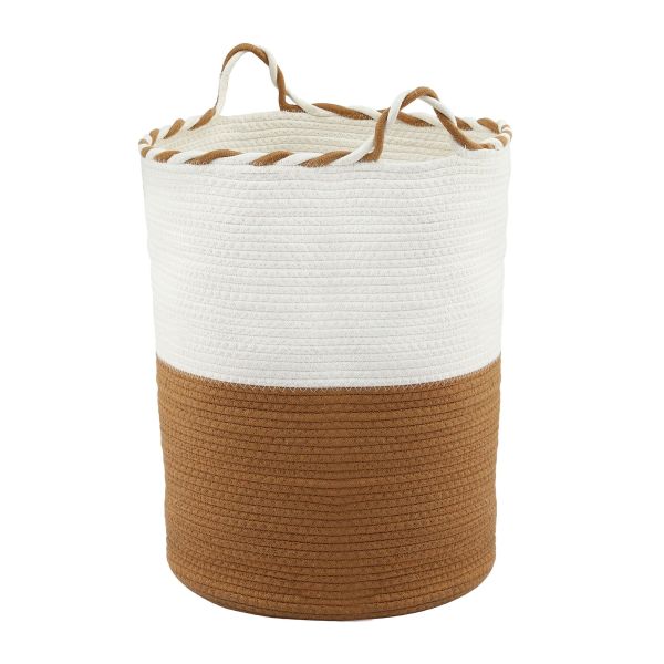 artiss woven laundry basket with handles foldable white & brown Two-tone woven rope storage basket with handles