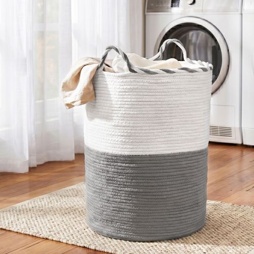 dress d bath gywh 00.jpg Woven laundry basket beside front-loading washing machine