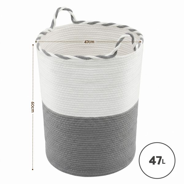 Grey and white woven storage basket with handles