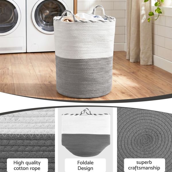 Cotton rope laundry basket in modern laundry room