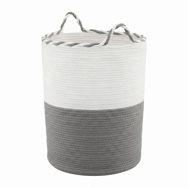 Grey and white woven rope laundry basket