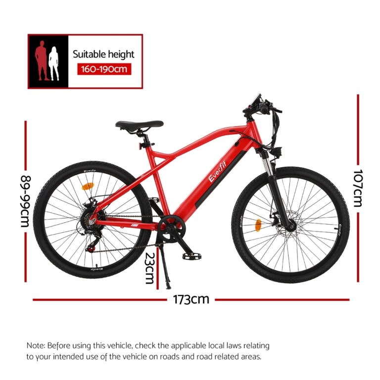 everfit 26 inch electric bike mountain bicycle ebike built in battery 250w Red Everfit electric bike with dimensions shown