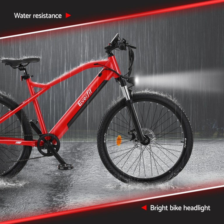 everfit 26 inch electric bike mountain bicycle ebike built in battery 250w Red electric bike in heavy rain with headlight