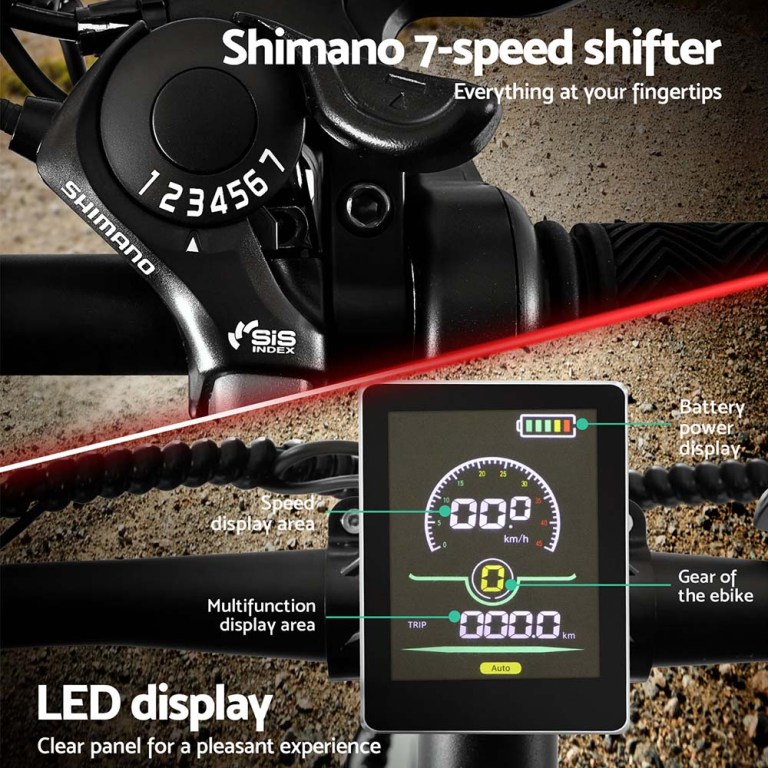everfit 26 inch electric bike mountain bicycle ebike built in battery 250w Shimano 7-speed shifter and e-bike LED display