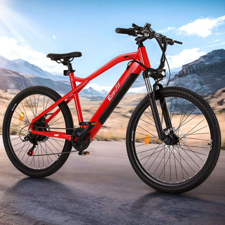 everfit 26 inch electric bike mountain bicycle ebike built in battery 250w Red electric mountain bike on scenic road