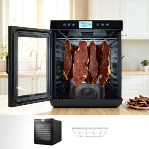 Meat strips drying in electric food dehydrator