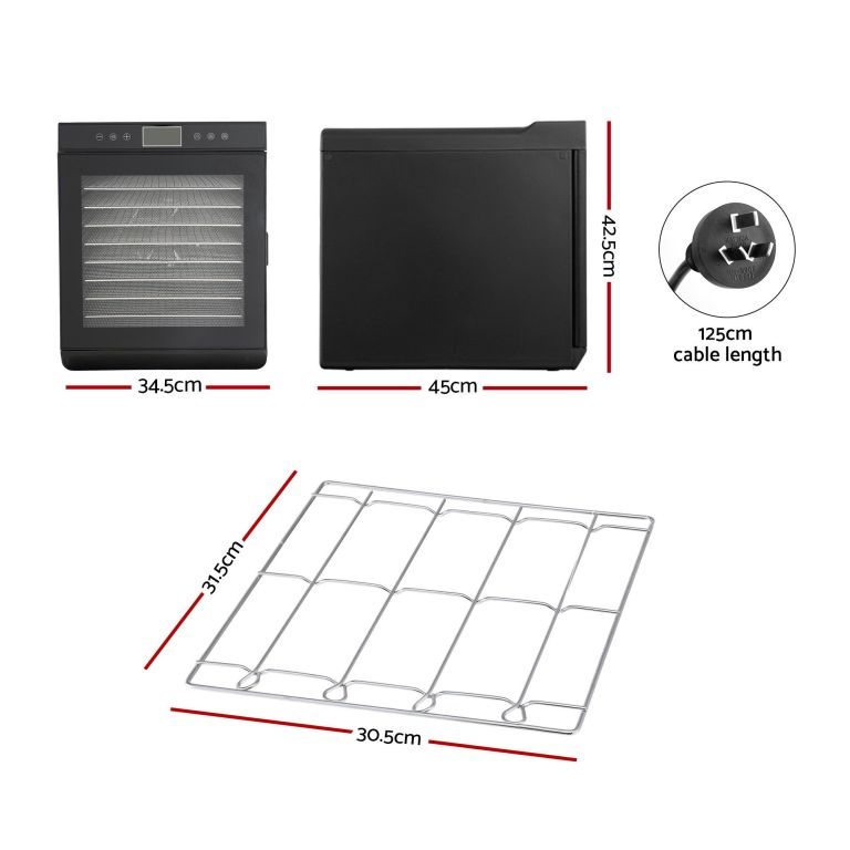 devanti 10 trays food dehydrator with stainless steel tray Black food dehydrator with dimensions and tray size