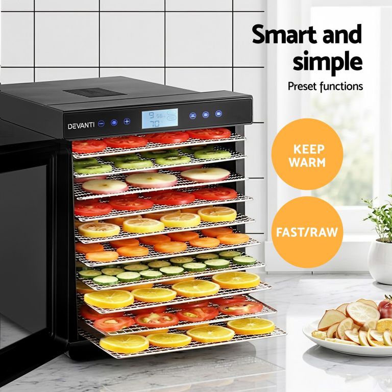 devanti 10 trays food dehydrator with stainless steel tray Devanti food dehydrator with sliced fruit trays