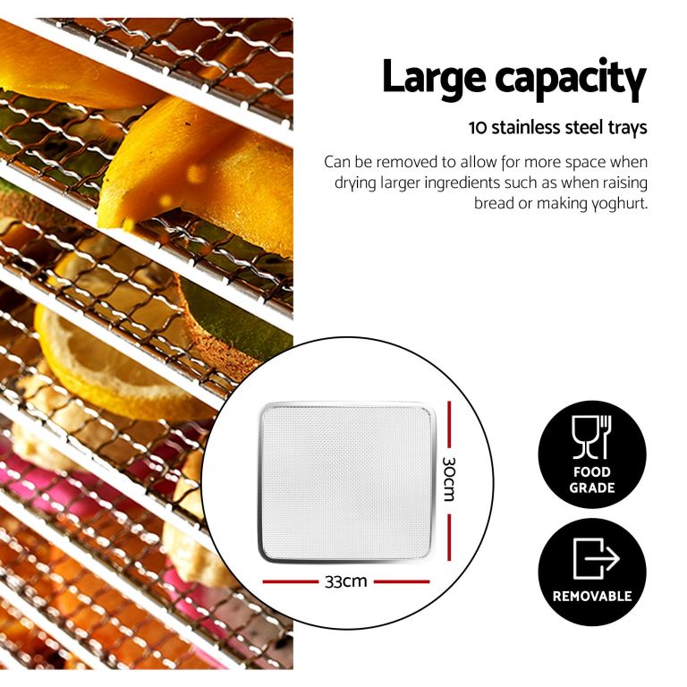 devanti 10 trays food dehydrator with stainless steel tray Stainless steel dehydrator trays with sliced fruit