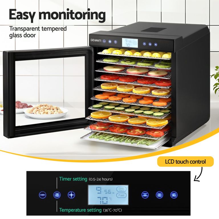 devanti 10 trays food dehydrator with stainless steel tray Food dehydrator with glass door and fruit trays