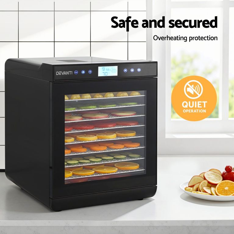 devanti 10 trays food dehydrator with stainless steel tray Devanti food dehydrator with fruit and vegetable slices