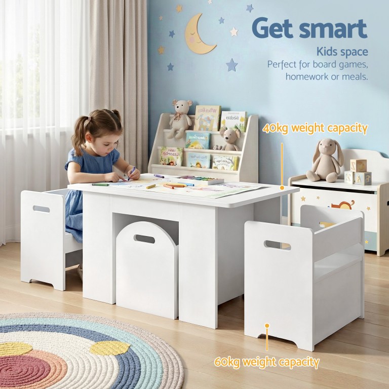 keezi 3pcs kids table and chairs set storage toys play activity desk Child drawing at white kids table set