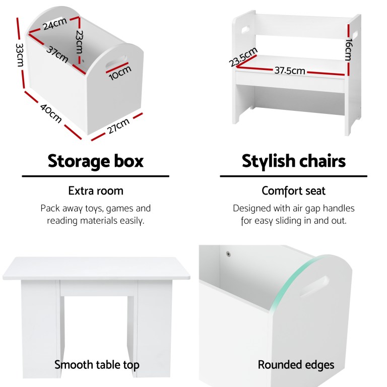 keezi 3pcs kids table and chairs set storage toys play activity desk White children’s table, chairs and storage box dimensions