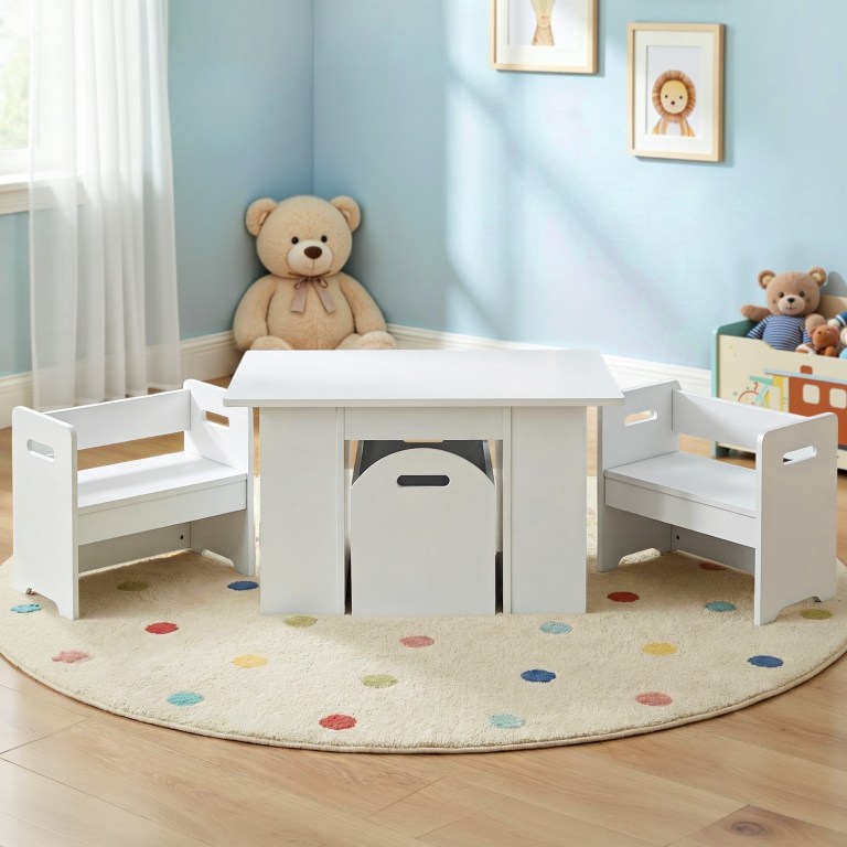 keezi 3pcs kids table and chairs set storage toys play activity desk Children’s table and chairs in pastel playroom
