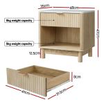 Wooden bedside table with dimensions and drawer details
