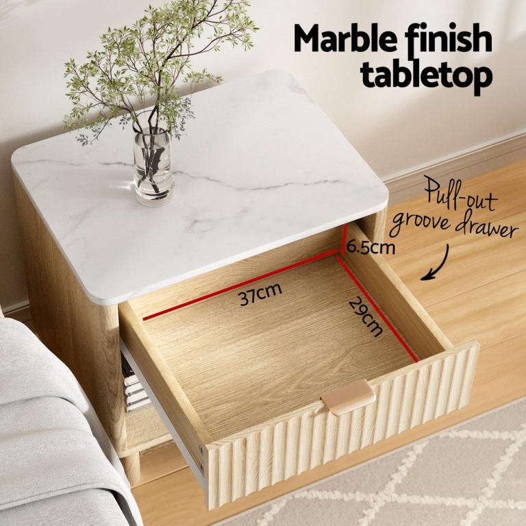 Marble top bedside table with open drawer