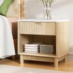 Light wood bedside table with drawer and shelf