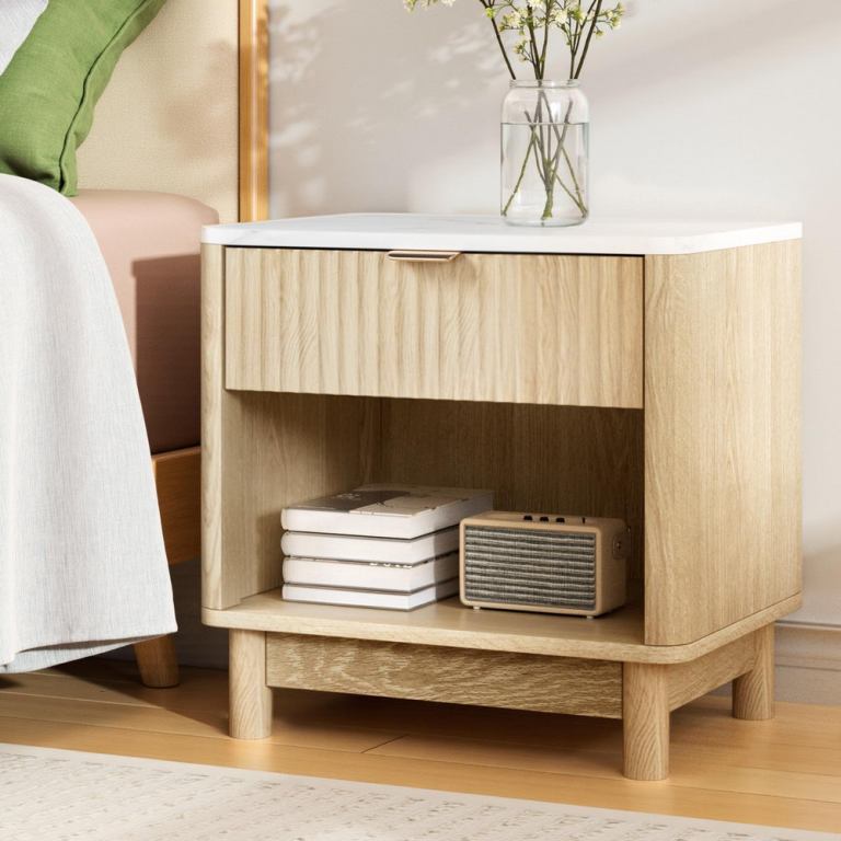 Light wood bedside table with drawer and shelf