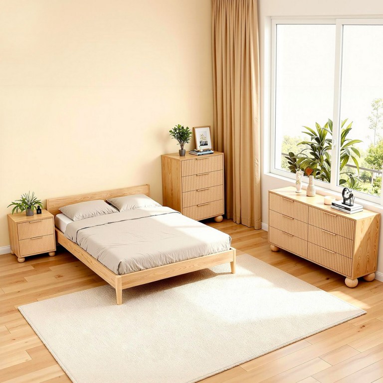 Minimalist wooden bedroom with plants and large window