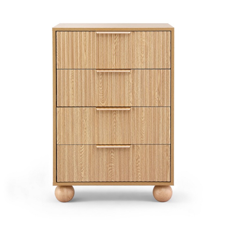 Light oak four-drawer chest with rounded feet