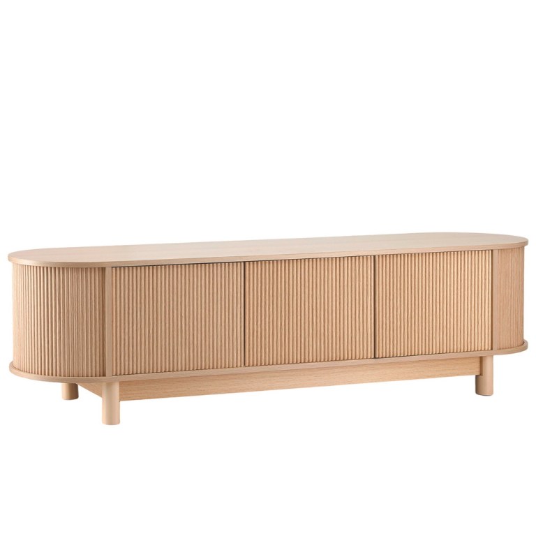 Light timber fluted TV unit with rounded edges