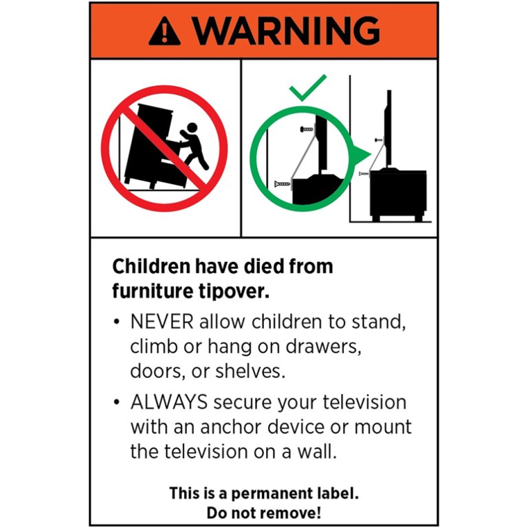 Warning label about furniture tip-over hazards