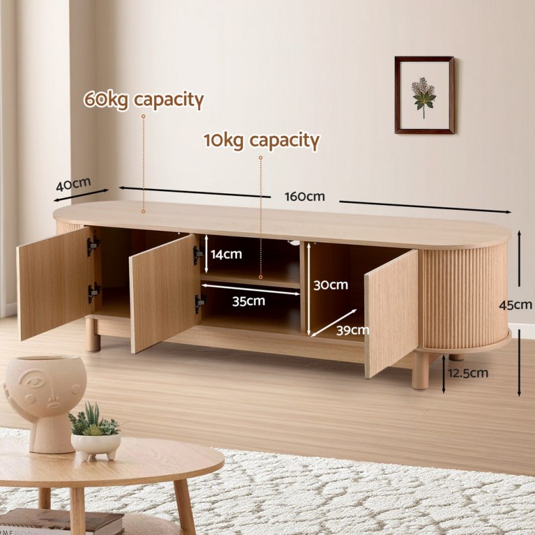 Wooden TV unit with dimensions and storage capacity