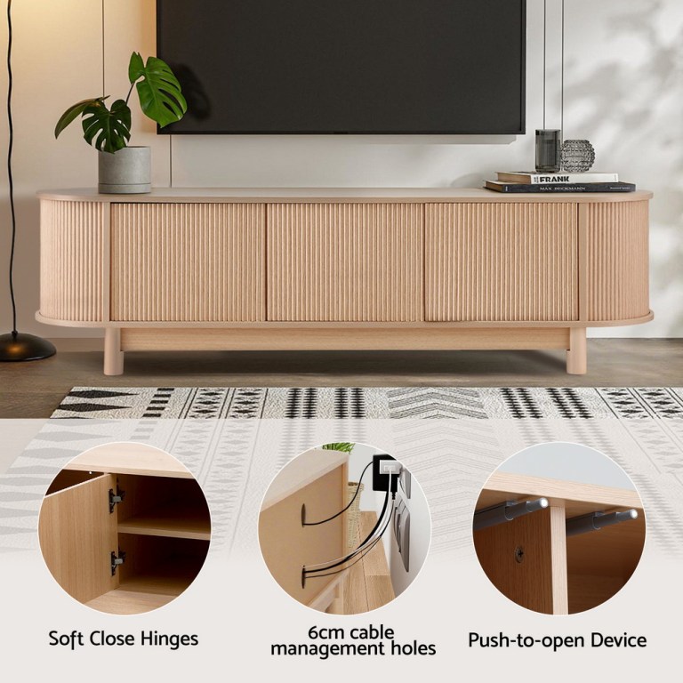 Modern light wood TV unit with fluted doors