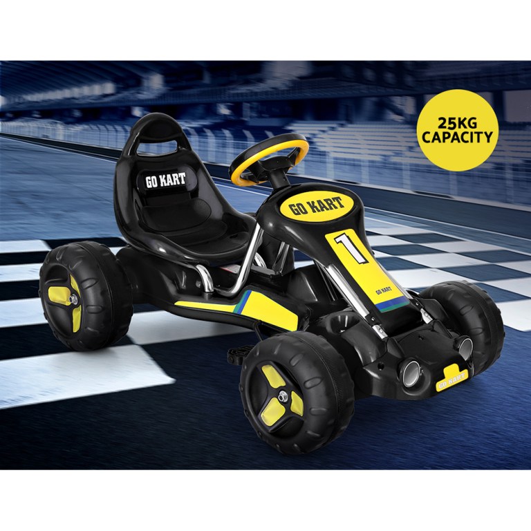 rigo kids pedal go kart ride on toys racing car plastic tyre black Black and yellow kids go-kart on racetrack